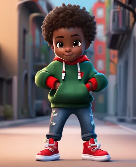 cartoon character, 3D renderings, cute detailed digital art, 3D characters a black boy in a dark green sweatshirt, eyes browns, denim trousers, red sneakers dark short wavy hair 