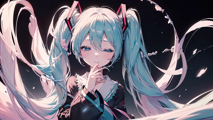 ((Black background)), (Eyes closed)), (((Hatsune Miku))), (((Highest quality、masterpiece、Ultra-fine、Ultra-fine、Exquisite、16K、Full HD,high school girl,))) 、Dark Eyes、Long eyelashes、White skin、(Pale pink cheeks、thin and long)、 ((cute)) ((One person)) 、((Blac...