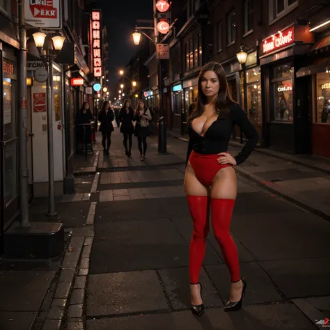 red light district, beautiful woman, random pose, random face, tights, heels, cleavage