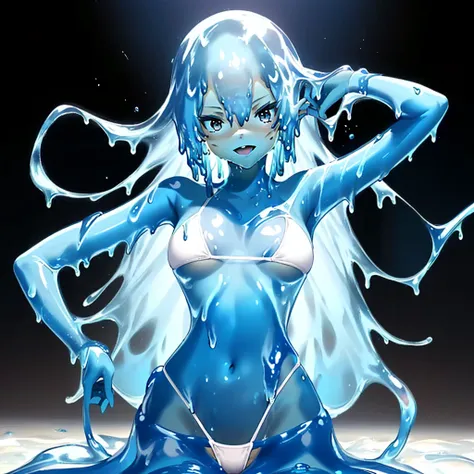 a young woman in a bikini with (((blue hair))), with ((((((blue skin)))))), ((((((slime girl)))))), Blue Water Anime Wallpaper, character is covered in liquid, freezing blue skin, water demon, glowing blue, anime monster girl, luminous water elemental, (((...