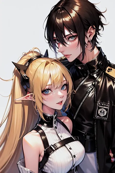 (tall man, (man is taller than me woman) messy black-haired man wearing a sexy pilot space outfit.),(a thin woman, long blonde hair, green eyes, wearing sexy pilot outfit) best quality, adorable, ultra-detailed, illustration, complex, detailed, extremely d...