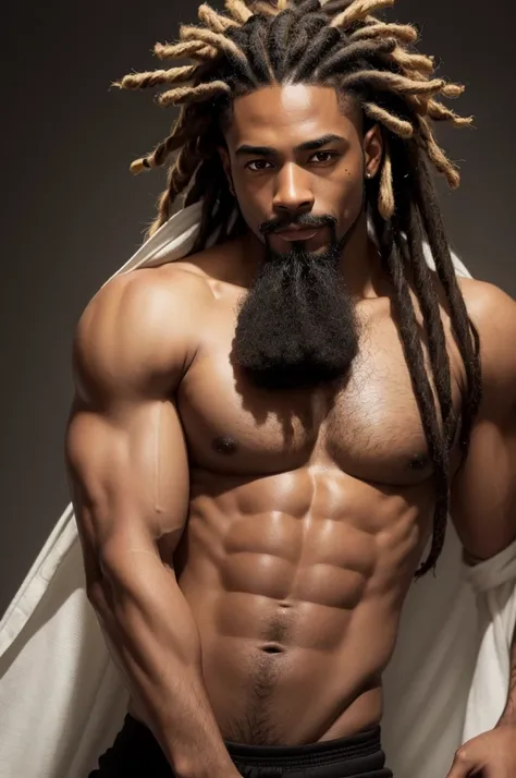 Create a black man, de dread locks, not that big and not that short, brown-eyed, goatee and mustache, body not so athletic but not so thin, with a slightly thin nose, and mouth not so big nor so small 