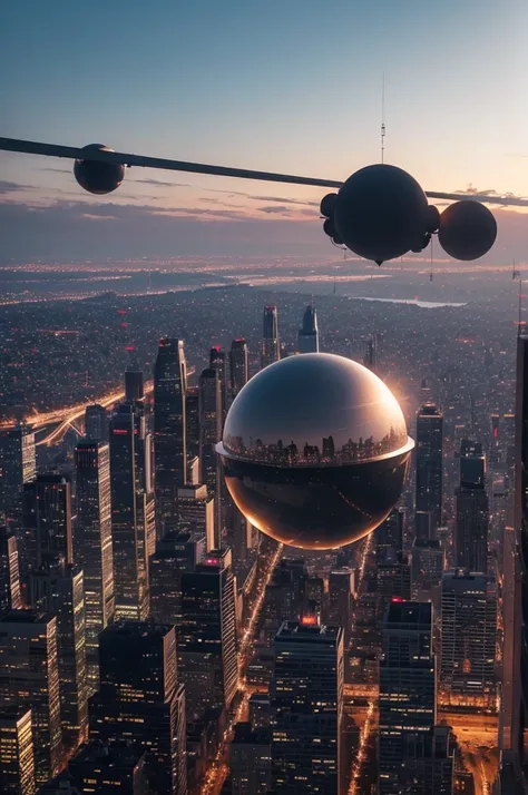 A giant metal sphere flying above a city with a silhouette of a person above the metal sphere