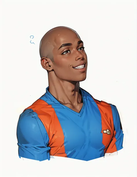 black boy 19 years old very handsome beautiful face (looking to the side with a mischievous smile ) bald defined muscles)  wearing team uniform 