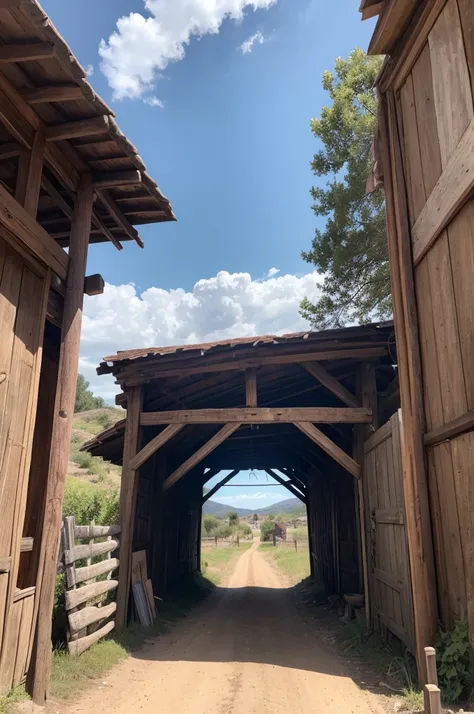 Imagine an entrance to a small town in the Old West, with an unpaved dirt road. Right at the entrance, a worn wooden sign with rustic letters saying "Welcome to the Cursed Faroeste". Next to the entrance, some horses tied to a wooden post, under a clear bl...