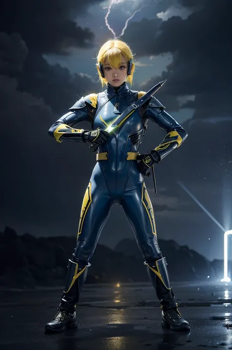 Thunder backdrop, thunder ranger, loli face, small breast, tight suit, speedy thunder, alien weapons , yellow hair