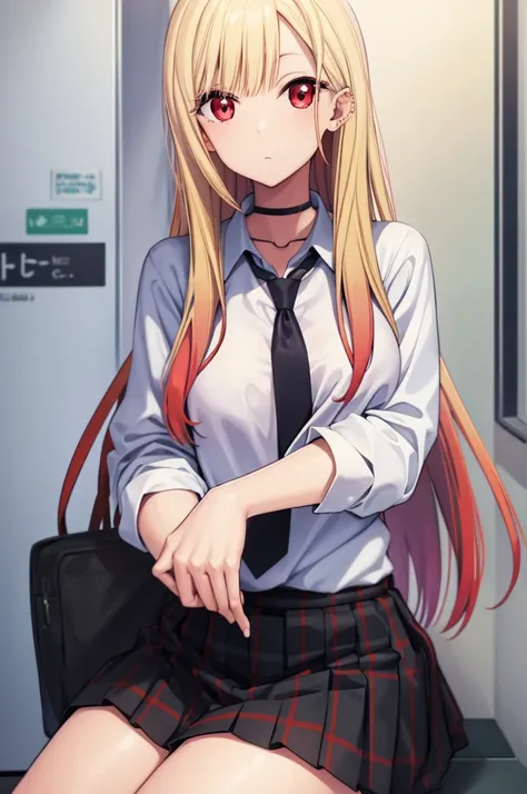 marinkitagawa, marin kitagawa, blonde hair, choker, ear piercing, earrings, long hair, piercing, (red eyes:1.5), straight hair, swept bangs,
BREAK black necktie, long sleeves, pleated skirt, , shirt, skirt, sleeves rolled up, white shirt, cleavage,
BREAK i...