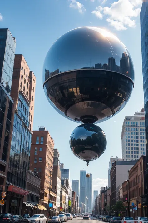 Giant metal sphere falling over a city
