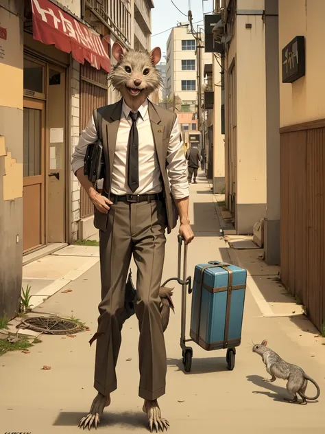 bipedal rat, in old, torn clothes, with a briefcase going to work, in a poor neighborhood