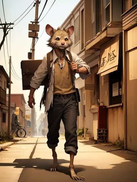 bipedal rat, in old, torn clothes, with a briefcase going to work, in a poor neighborhood