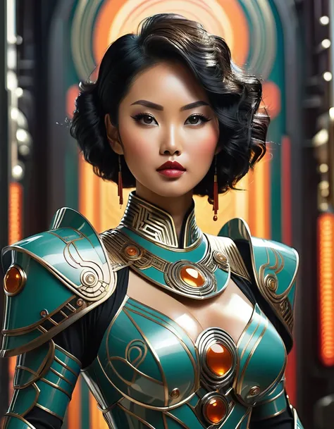 beautiful busty Asian woman sci-fi future art deco armor