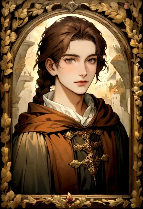 painting, portrait art, young man in robe, scholar, brown hair with waist-length braid, no beard, medieval era fantasy