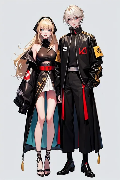 (tall man, (man is taller than me woman) messy black-haired man wearing a sexy space outfit.),(a thin woman, long blonde hair, green eyes, wearing sexy space outfit) best quality, adorable, ultra-detailed, illustration, complex, detailed, extremely detaile...