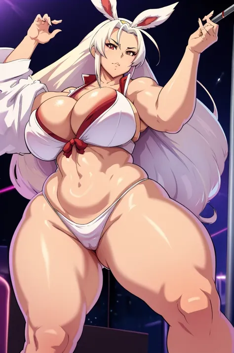 mai shiranui, huge breasts, wearing bunny outfit, random posing with stand pole in party night club