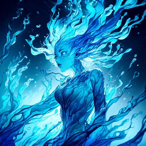 a genasi made of water, woman with water-like skin and flowing blue hair, beautiful detailed eyes, beautiful detailed lips, extr...