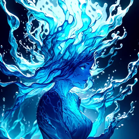 a genasi made of water, woman with water-like skin and flowing blue hair, beautiful detailed eyes, beautiful detailed lips, extr...