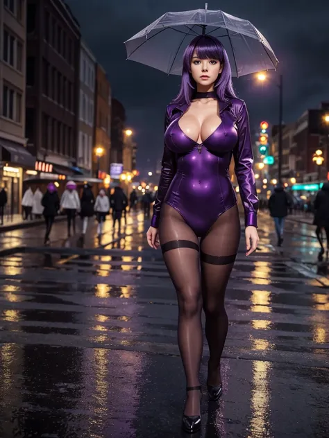 (1girl), masterpiece, photorealistic, 8k, (realistic: 1.2), full body, looking at viewer, pantyhose, purple hair, walking, beauty, (medium breasts: 1.2) night, night sky, city, cityscape, rain, (dramatic: 1.2)