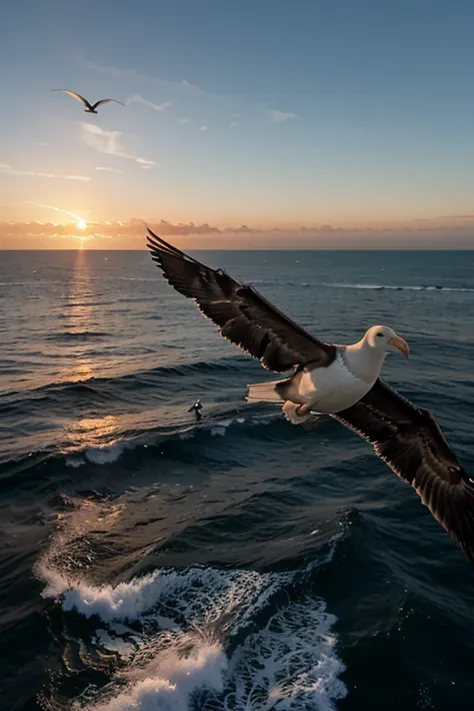 Albatross soars over the sea at sunset