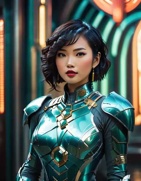 beautiful busty Asian woman sci-fi future art deco armor