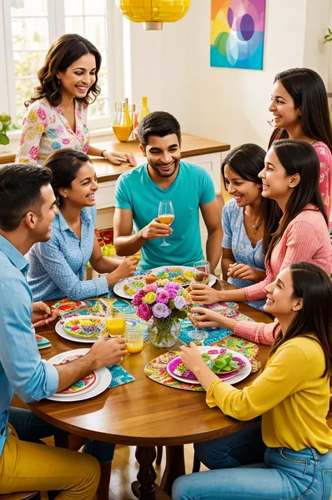 Imagine a smiling family gathered around a table, Each member holds a glass decorated with bright colors and cheerful designs. They are chatting animatedly and enjoying their time together.