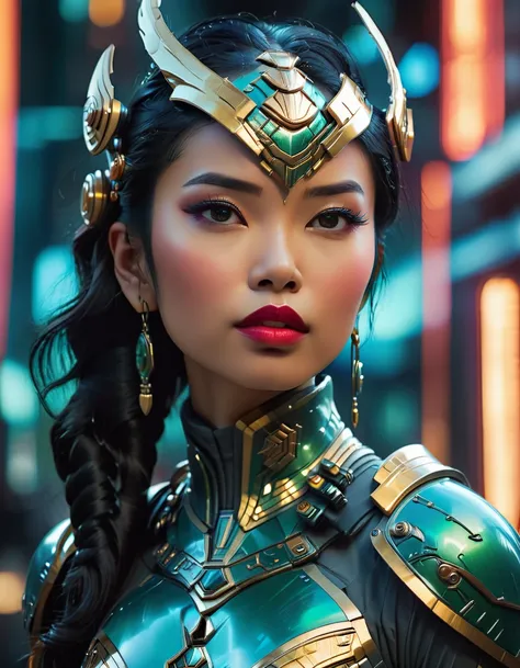 stunning beautiful asian woman, sci-fi futuristic art deco armor, intricate detailed armor, hyper detailed face, piercing eyes, lush lips, glowing skin, dynamic pose, dramatic lighting, moody atmosphere, cinematic composition, vibrant colors, photorealisti...