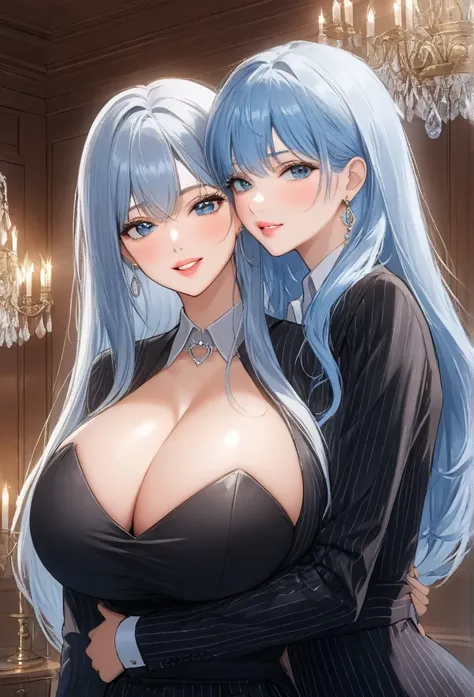 Masterpiece, raw,  beautiful art, professional artist, 8k, art style by sciamano240, very detailed face, very detailed hair, 2girls, perfectly drawn body, beautiful face, long hair, light blue hair , very detailed blue eyes, pouty lips , rosey cheeks, intr...