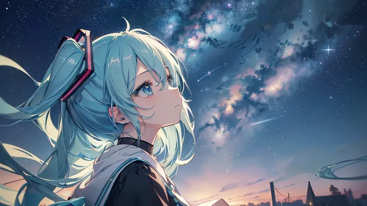 ((starry sky)), ((beautiful eyes)), (((hatsune miku))), (((highest quality、masterpiece、ultra-fine、ultra-fine、exquisite、16k、full ...