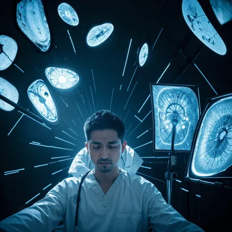 Radiologist at work surrounded by multiple trauma patients with an aura of ionizing radiation 