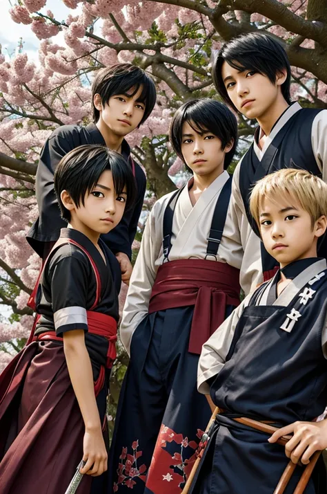 3 boys anime characters under a cherry tree with katanas