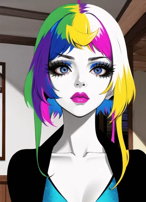 1girl, Holo-Punk Style, goth, masterpiece, best quality, indoors, mascara, lips, eyeliner, pale skin, rainbow hair