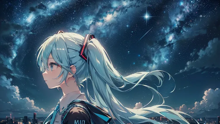 ((Starry Sky)), ((Beautiful eyes)), (((Hatsune Miku))), (((Highest quality、masterpiece、Ultra-fine、Ultra-fine、Exquisite、16K、Full HD,high school girl,))) 、(((profile、Looking up))),Long eyelashes、White skin、(thin and long)、 ((cute)) ((One person)) 、night