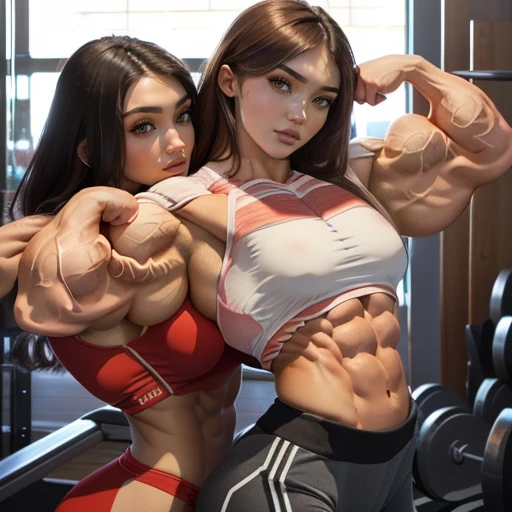 two women posing for a picture in a gym with their muscles, alena aenami and lilia alvarado, bursting with muscles, ripped, muscular bodies, feminine and muscular, very beautiful. big muscles, muscles, muscular girl, muscle, big muscles, posing and flexing...