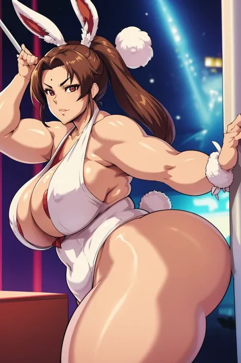 mai shiranui, huge breasts, brown hair color, wearing bunny outfit, random posing with stand pole in party night club