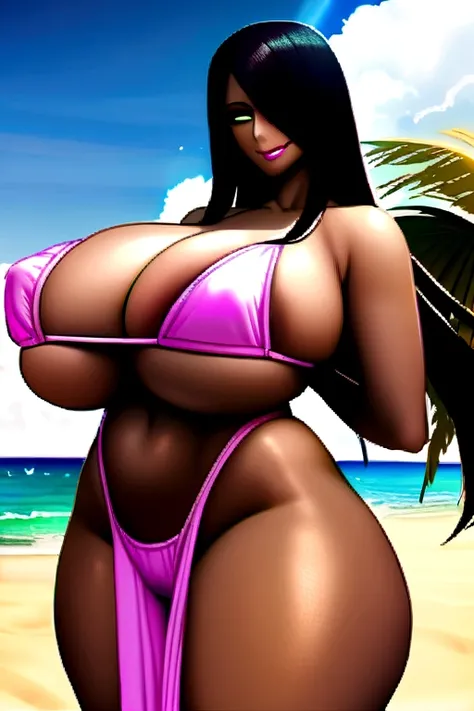 I am the bad guy_Turin,Huge breasts,Thick thighs,smile ,Pink ruffle bikini,Beach,One girl、erection of nipple