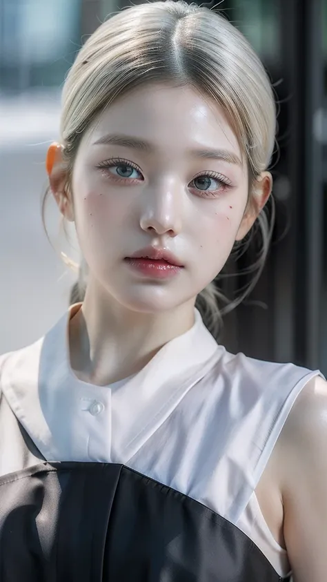 Best Quality, Masterpiece, ultra high resolution, (photorealistic:1.4), photo and gross, 1 girl, exterior, close up, looking at the viewer, black dress, sleeveless, wide, sullyoon and ethereal gray eyes and plump lips albino big lips white hair 