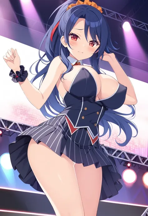 MIZUNOFUUKA, BLUE HAIR, BLACK HAIR, PONYTAIL, SCRUNCHIE, HAIR ORNAMENT, LONG HAIR, RED EYES,, large breasts,, Live Stage, solo, nsfw