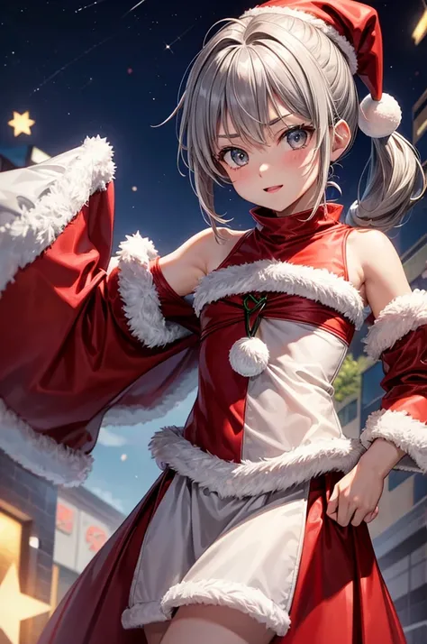 10 years old、Flat Chest、Gray Hair、Short Ponytail、Raise your arms、Santa Cosplay、Shoulder、