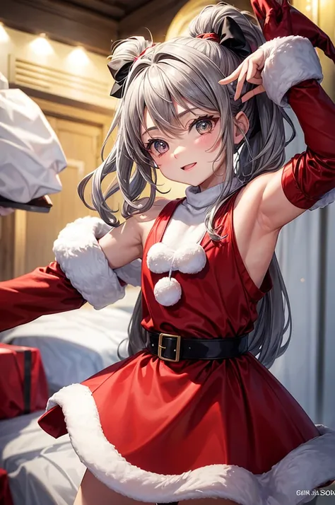 10 years old、Flat Chest、Gray Hair、Short Ponytail、Raise your arms、Santa Cosplay、Shoulder、