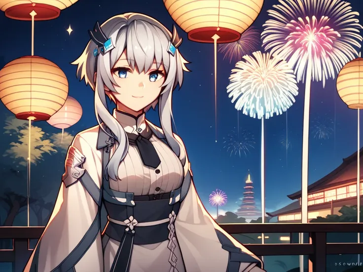 MishaNecron, short hair with long locks, solo, White kimono with floral pattern, gray hair, gray thighs, hair ornament, faint smile, blue eyes, long sleeves, score_9, score_8_up, score_7_up, score_6_up, source_anime, fantasy, fireworks festival background,