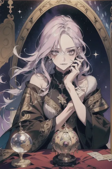 (masterpiece, top quality, best quality, official art, beautiful and aesthetic:1.2), (1girl:1.3), wavy long hair, light purple hair, extremely detailed, portrait, looking at viewer, solo, (full body:0.6), detailed background, close up, glowing eyes, (cold ...