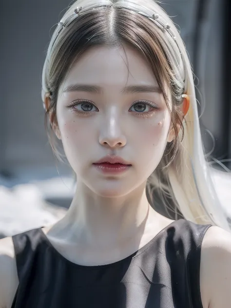 Best Quality, Masterpiece, ultra high resolution, (photorealistic:1.4), photo and gross, 1 girl, exterior, close up, looking at the viewer, black dress, sleeveless, wide, sullyoon and ethereal gray eyes and plump lips albino big lips white hair 