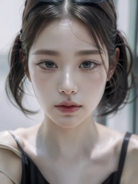 Best Quality, Masterpiece, ultra high resolution, (photorealistic:1.4), photo and gross, 1 girl, exterior, close up, looking at the viewer, black dress, sleeveless, wide, sullyoon and ethereal gray eyes and plump lips albino big lips white hair 