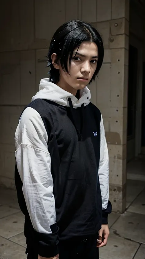 young boy, 12 years old, black hair, dark blue high-neck loose clothing, white ; like  sasuke uchiha from naruto https://animeco...