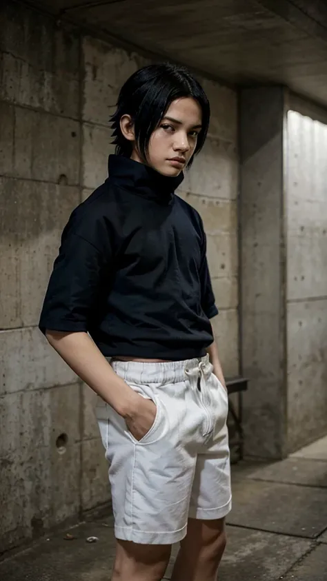 young boy, 12 years old, black hair, dark blue high-neck loose clothing, white shorts mediun ; like  Sasuke Uchiha from naruto https://animecomics.com.br/animecomics/images/upload/409.jpg
