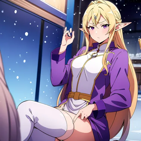 anime woman, elf, pointy ears, long blonde hair, purple eyes, sassy expression, gold crown with blue pendant, winter outfit, blu...