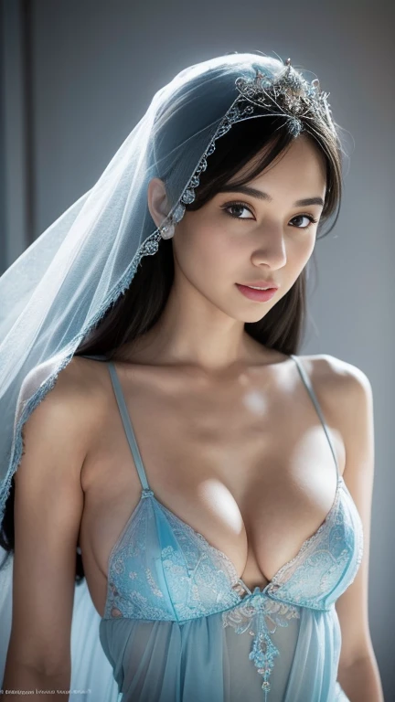 a close up of a woman in a light blue lingerie and a veil, a beautiful fantasy empress, beautiful alluring woman, seductive girl, beautiful goddess, ((a beautiful fantasy empress)), small breasts, photorealistic perfect body, beautiful goddess, beautiful d...