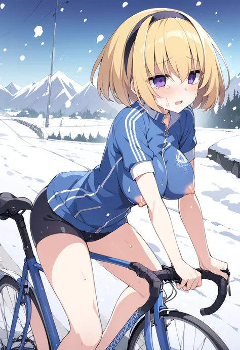 blonde hair, short hair, hairband, Purple eyes, 16years old, , empty eyes , large breasts, solo, nipple, ride a bicycle, , Heavy snowfall area　凍結 wet crying 山 solo