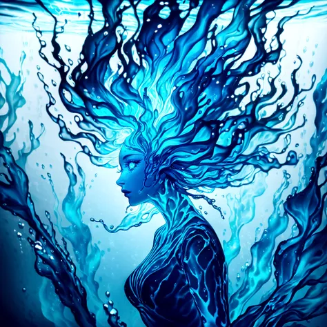 a genasi made of water, woman with water-like skin and flowing blue hair, beautiful detailed eyes, beautiful detailed lips, extr...