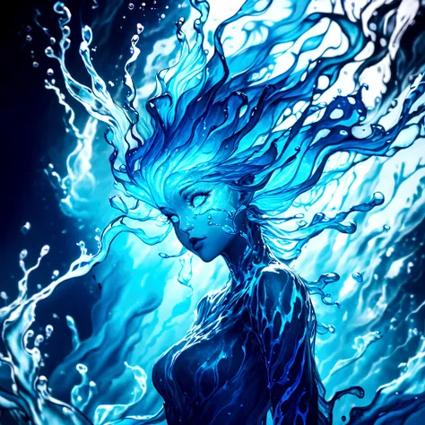 a genasi made of water, woman with water-like skin and flowing blue hair, beautiful detailed eyes, beautiful detailed lips, extr...