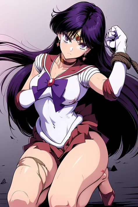 (Very detailed),Mid-chest, Detailed hands, Sailor Mars,Im injured、On one knee、(((Crippling)))、(((Her costume is torn and her skin is showing)))、Bleeding、enduring pain、(((Hands tied)))、He is in agony after receiving a fierce attack from the enemy.、(((Being ...